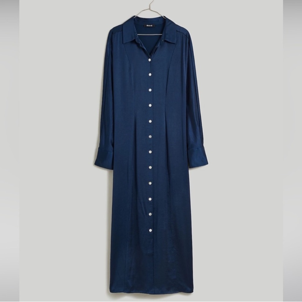 Madewell Satin Button-front Midi Shirtdress in Navy
